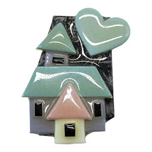 House Pins By Lucinda Vintage Yellow Purple Green House With Green Heart Handmad